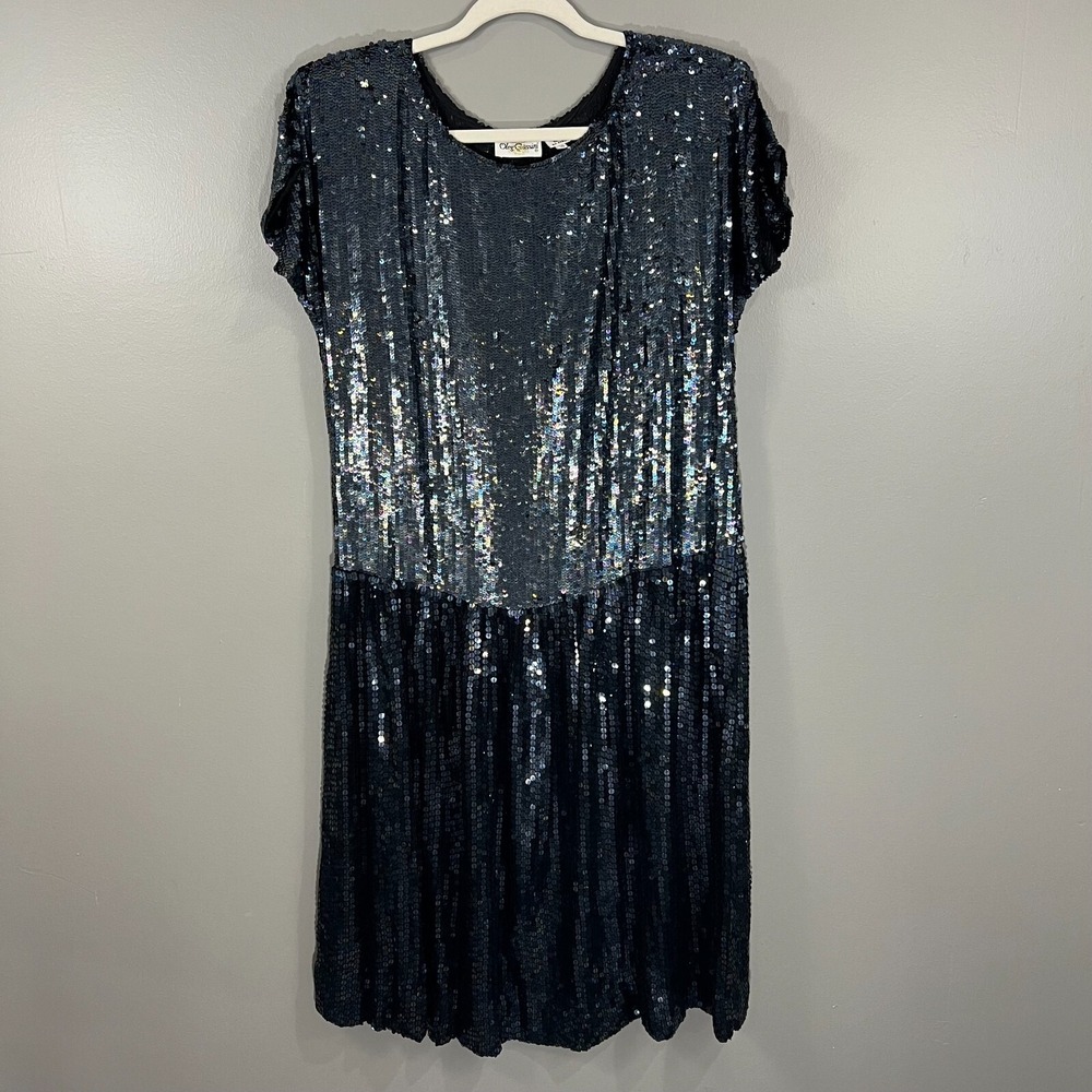 Vintage Oleg Cassini Black Tie Silk Sequin Dress Sz 10 Short Sleeve Drop Waist